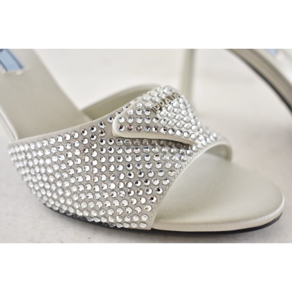 Prada Crystal Satin Stiletto Perla White Grey Backless Sandal Mule Heel Pump 36 - Picture 8 of 16
